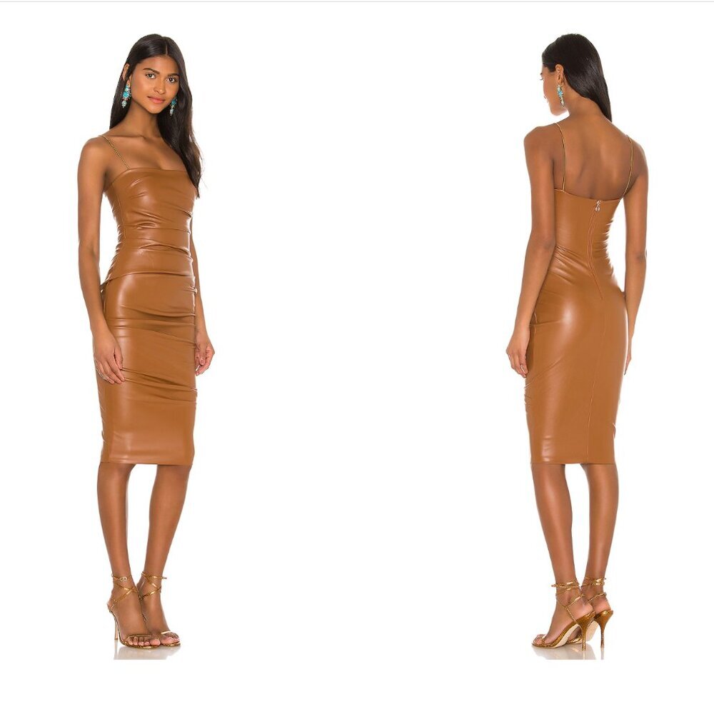 NWT Nookie Posse x Revolve Women 8 Large Midi Dress Faux Leather Brown Tan Flaw - Picture 14 of 16